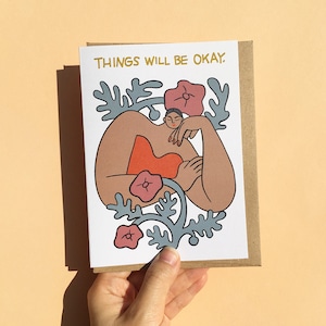 Things will be okay Karte, Things Work out Karte, moderne minimale Plant Lady Karte, Personalisierte Botschaft Karte, Erdton neutral Briefpapier