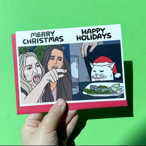 Katze VS Angry Woman Meme Weihnachten Lustige Karte - fette Katze Weihnachten, lustige Weihnachtskarte, lustige Katze Feiertagskarte, Katzenpullover Karte, Katze MEme