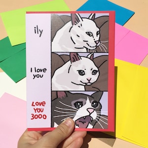 Je t'aime 3000 carte meme chat triste - chat qui crie, meme coeur chat qui pleure, carte d'anniversaire de chat drôle, carte d'anniversaire drôle pour amoureux des chats