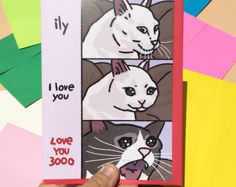 I love you 3000 sad cat meme card - screaming cat, crying cat heart meme, funny cat anniversary card, funny anniversary card for cat lover