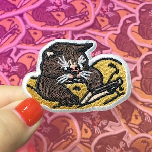 Sad Cat Meme cellphone Iron-on patch – cursed cat patch, funny meme sticker, meme patch, cat holding cellphone meme patch, crying cat meme