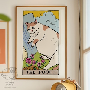 The Fool Sad Cat Meme Tarot Art Print Poster, trieste kattenmeme, tarotkattenposter, heksenkat tarotkunstprint, vervloekte katkunst, tovenaarskattentarot