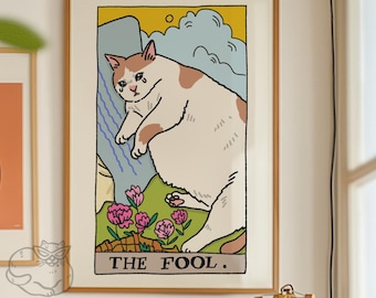The Fool Sad Cat Meme Tarot Art Print Poster, sad cat meme, tarot cat poster, witchy cat tarot art print, cursed cat art, wizard cat tarot