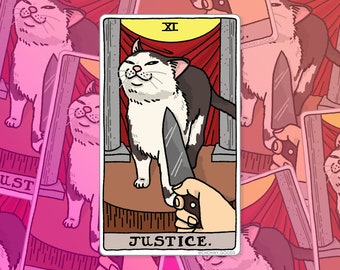 Tarot Cat Justice knife cat meme Sticker – Cat Meme Sticker, sad cat meme, crocs cat meme, tarot card laptop sticker, smug knife cat meme