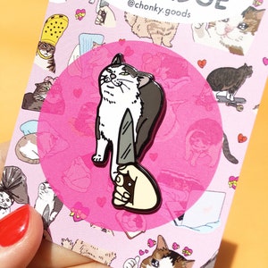 The Original knife cat meme Enamel Pin – Cat Meme pin, smug knife cat meme enamel pin, cursed cat meme pin, funny cute cat meme enamel pin