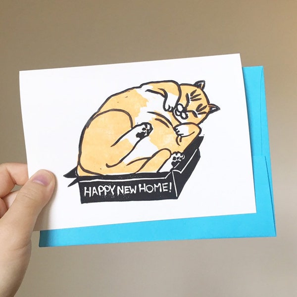 Happy New Home cat card - fat cat in box card, cat new home card, fat cat sitting card, congrats fat cat card, litter box cat