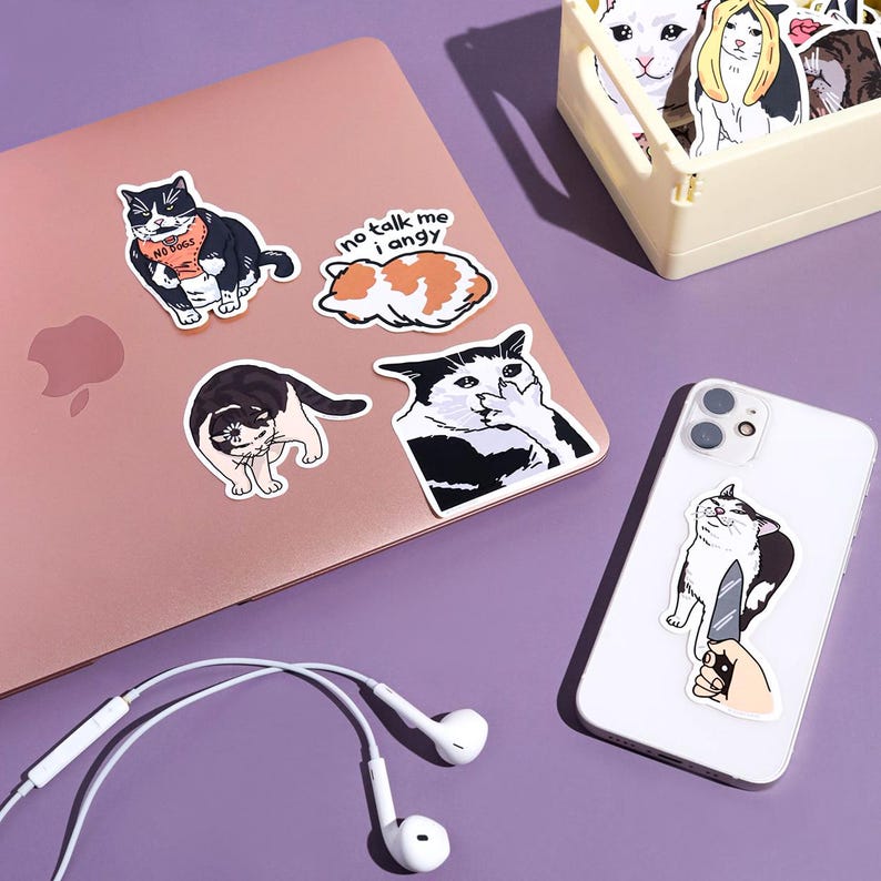 Op de afbeelding: Een set van vijf kattenmeme-stickers met verschillende populaire internetkattenmemes. De stickers bevinden zich op een roze oppervlak met een laptop en een witte telefoon. De stickers bevatten een kat met een mes, een kat met een onderschrift dat zegt "no talk me i angy", een kat met een onderschrift dat zegt "no boss", een kat met zijn poten voor zijn gezicht en een kat die naar de camera kijkt.