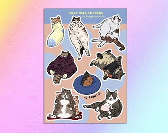 Cozy Boi Chonky Cat Meme Sticker sheet – funny internet cat meme, cozy snuggly cat, warm fuzzy cat, self care journaling sticker