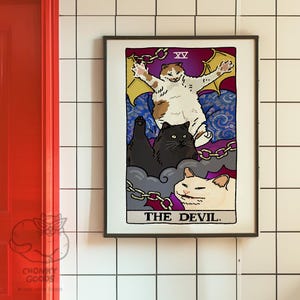 The Devil Cursed Cat Meme Tarot Art Print Poster, sad cat meme, tarot cat poster, witchy cat devil tarot art print, cursed cat meme poster