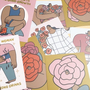 Conjunto de 4 cartões postais caseiros - cartão postal de flores com amor, minimalismo de positividade, cartão de crescimento de incentivo, cartão postal de flores mínimas