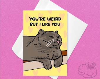 Eres raro, pero me gustas: meme divertido de gato de San Valentín con forma de corazón, lindo gato de aniversario, meme tonto de gato, divertida tarjeta de amor para gato, meme extraño de gato