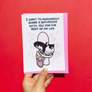 Awkwardly share a bathroom with you anniversary cat card - cat poop together, funny cat anniversary card, cat toilet card