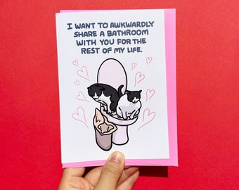 Tarjeta para compartir el baño con tu gato de forma incómoda: caca de gato juntos, divertida tarjeta de aniversario con meme de gato, tarjeta de baño de gato, divertida tarjeta de propuesta de gato
