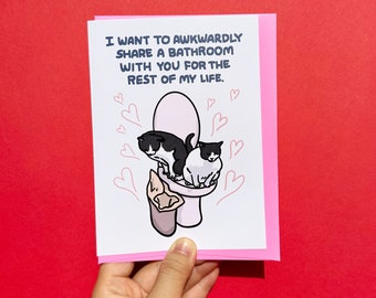 Awkwardly share a bathroom with you anniversary cat card - cat poop together, funny cat anniversary card, cat toilet card