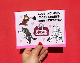 El amor incluye más tareas de las que esperaba: tarjeta meme de gato: gato cansado, gato divertido de San Valentín, tarjeta divertida de aniversario de gato, tarjeta meme de baño de gato