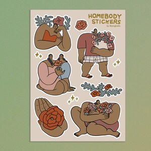 Adesivos Homebody Plant Lady, adesivos Plant Mom, garota bronzeada com flores, adesivos de diário em tons neutros de terra e boho para amizade feminista