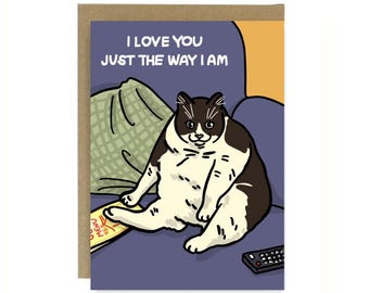 Te amo tal como soy, divertida tarjeta de meme de gato: control remoto de TV de gato gordo, divertida tarjeta de aniversario de gato, divertida tarjeta de gato de San Valentín, tarjeta de amor de gato
