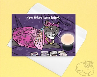Tu futuro se ve brillante - carta del tarot del disfraz de gato bruja, felicitaciones gato con futuro brillante, tarjeta de cumpleaños con meme de gato, cumpleaños de gato, tarjeta con meme de gato