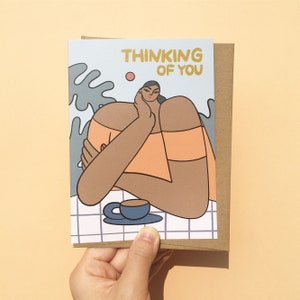 En pensant à vous, carte de jardin, carte d'anniversaire minimaliste moderne, message personnalisé, café et pique-nique vous manquez, carte café fille
