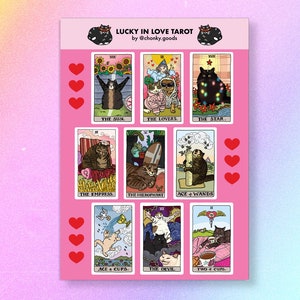 Stickervel tarotkattenmeme: Lucky in Love – kawaii roze kat meme sticker, huilende kat meme, vervloekte kat sticker, liefdesspreuk tarotstickers