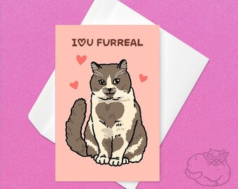 Tarjeta meme con un gato gracioso y tierno de "Te amo" (te amo, corazón Furreal): lindo y dulce gato de San Valentín, dulce tarjeta de aniversario de amor de gato, tarjeta meme de gato llorando