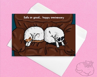 Tarjeta meme de aniversario de gato "Sofá tan bueno" - gato gritando, gato durmiendo la siesta juntos, tarjeta divertida de aniversario de gato, tarjeta divertida de aniversario para amantes de los gatos