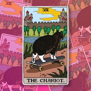 Tarot Cat The Chariot Bye Adios Skateboard Cat Meme Sticker – Skateboard cat water bottle stickers, meme laptop stickers, tarot chariot cat