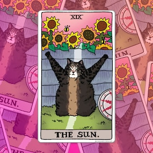 Sticker chat meme tournesol tarot Cat The Sun – Sticker meme chat, meme chat triste, stickers meme tarot chat bouteille, stickers meme ordinateur portable