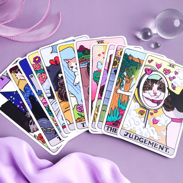 The Original Cat Meme Tarot Deck 22 Major Arcana - tarot chat meme, jeu de tarot chat drôle, jeu de tarot rose drôle chat kawaii uwu, chat maudit