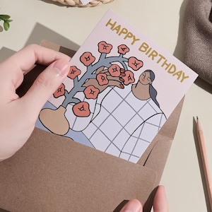 Geburtstagskind und Blumenvase minimalistische Karte, Geburtstagswünsche, personalisierte Nachricht Karte, feministische minimalistische Grußkarte, Körper positiv