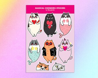 Magical Chonky Cat Sticker Sheet – Cute Chubby Cat Unicorn, Witchy Pastel Cat Stickers for Laptop & Water Bottle, Chubby cat pink sticker