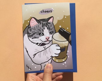Tarjeta meme de gato cervecero "Salud" - meme de gato de fiesta, tarjeta de cumpleaños meme, tarjeta de cumpleaños meme de gato, meme de gato cervecero triste, tarjeta de cumpleaños para amante de la cerveza de gato