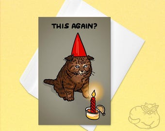 Este es otro triste meme de cumpleaños de gato: divertida tarjeta de cumpleaños de gato llorando, tarjeta de gato gruñón, gato con pastel, tarjeta de cumpleaños sarcástica, cumpleaños superado