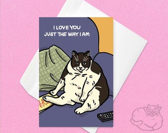 Te amo tal como soy, divertida tarjeta de meme de gato: control remoto de TV de gato gordo, divertida tarjeta de aniversario de gato, divertida tarjeta de gato de San Valentín, tarjeta de amor de gato