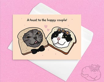 Brindis por la feliz pareja: tarjeta de boda con un gato divertido, tarjeta de compromiso con un gato divertido, tarjeta de novios con un gato divertido, tarjeta de meme de pan de gato, tarjeta de meme de gato divertido