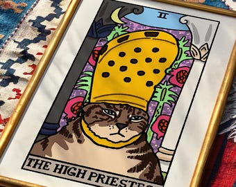 The High Priestess Yellow Croc Cat Meme Tarot Art Print Poster,  sad cat meme, witchy cat tarot art print, yellow croc cat, wizard cat tarot