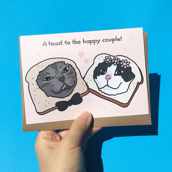 Toast to the happy couple funny cat wedding card, funny cat engagement, funny cat bride groom card, cat bread meme card, funny cat meme card