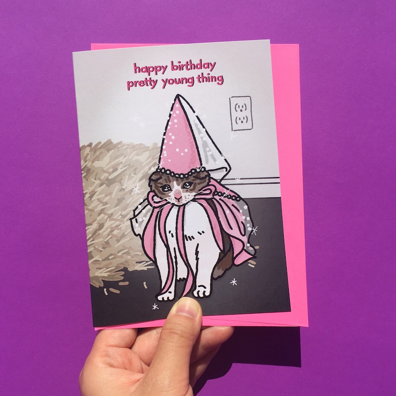 May include: A pink birthday card with a cartoon cat wearing a pink princess crown and cape. The card reads "happy birthday pretty young thing".