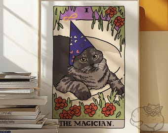 The Magician Cat Meme Tarot Art Print Poster, sad cat meme, tarot cat poster, witchy cat tarot art print, cursed cat art, wizard cat tarot