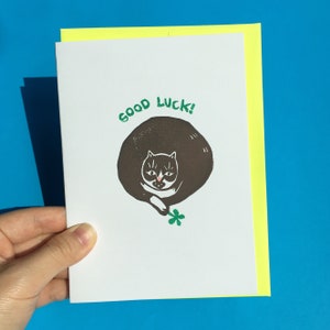 fat cat good luck card, cat clover card, linocut cat card, Lino print cat lucky clover, round black cat, linocut black cat, lucky cat card