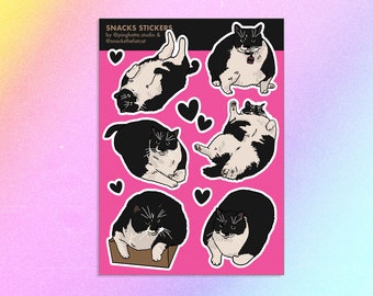 PHS x Snacks Fat Tuxedo Cat Sticker sheet – fat cat lover sticker, funny meme sticker, cool cat loaf, black fat cat, cat meme cat sticker