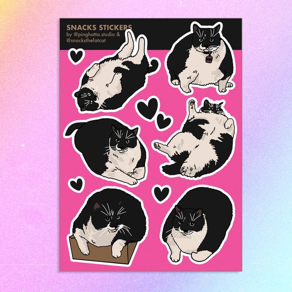 PHS x Snacks Fat Tuxedo Cat Sticker sheet – fat cat lover sticker, funny meme sticker, cool cat loaf, black fat cat, cat meme cat sticker