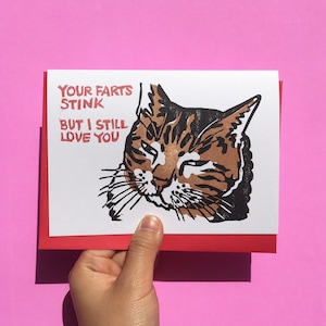 Judgmental cat meme, your fart stinks but love you cat, hand print cat anniversary love card, linocut funny cat card, cat fart anniversary