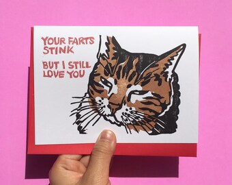 Judgmental cat meme, your fart stinks but love you cat, hand print cat anniversary love card, linocut funny cat card, cat fart anniversary