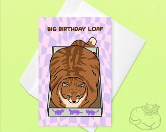 Tarjeta de cumpleaños con forma de pan de gato grande: tarjeta de cumpleaños para perezosos, tarjeta de cumpleaños divertida y relajada para gatos, meme de pan de cumpleaños, tarjeta de gato en caja, caja de gato atigrado grande
