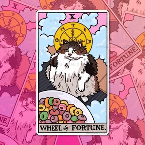 Etiqueta engomada del meme del gato de la rueda de la fortuna del gato del tarot, Etiqueta engomada del meme del gato del cereal, Etiqueta engomada del meme del gato, Meme del gato triste, Pegatinas de la botella de agua grande del tarot del gato