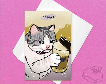 Tarjeta meme de gato cervecero "Salud" - meme de gato de fiesta, tarjeta de cumpleaños meme, tarjeta de cumpleaños meme de gato, meme de gato cervecero triste, tarjeta de cumpleaños para amante de la cerveza de gato