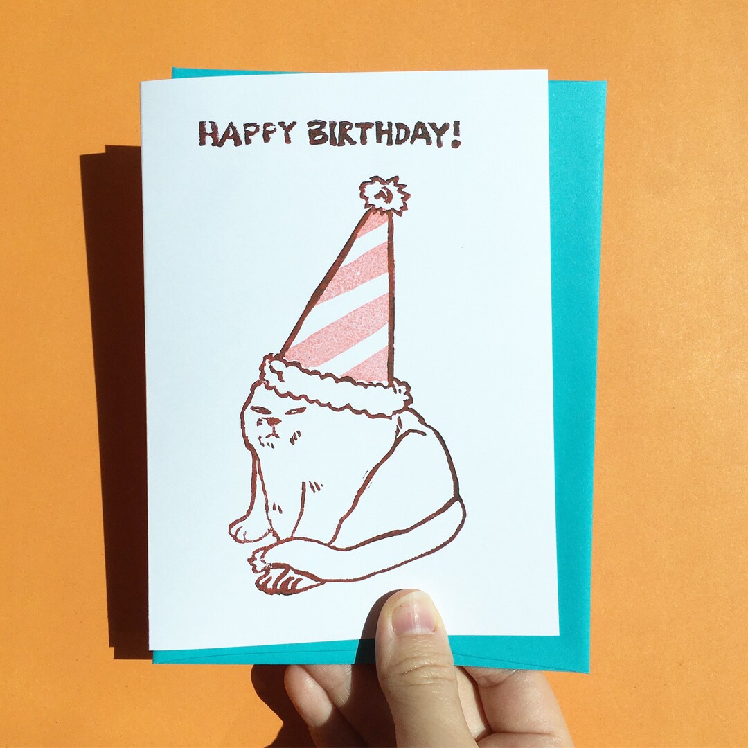 Happy Birthday Grumpy Cat Meme Card Linocut Cat Birthday - Etsy