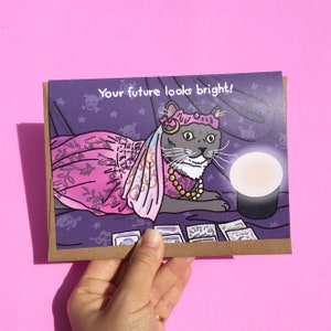 Your future looks bright - psychic cat costume tarot card, congrats bright future cat, cat meme birthday card, cat birthday, cat meme card