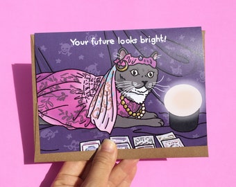 Your future looks bright - psychic cat costume tarot card, congrats bright future cat, cat meme birthday card, cat birthday, cat meme card